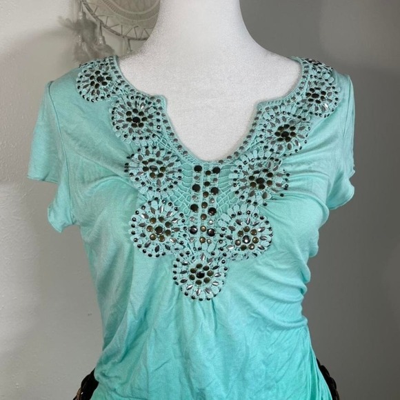 Vintage Y2K One World Beaded Neckline Asymmetrical Hem Blue Ombré Boho Glam - Picture 2 of 7